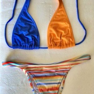 Sweet Contrast Blue-Orange High Leg Tie Back Triangle Bikini Set, Size L
